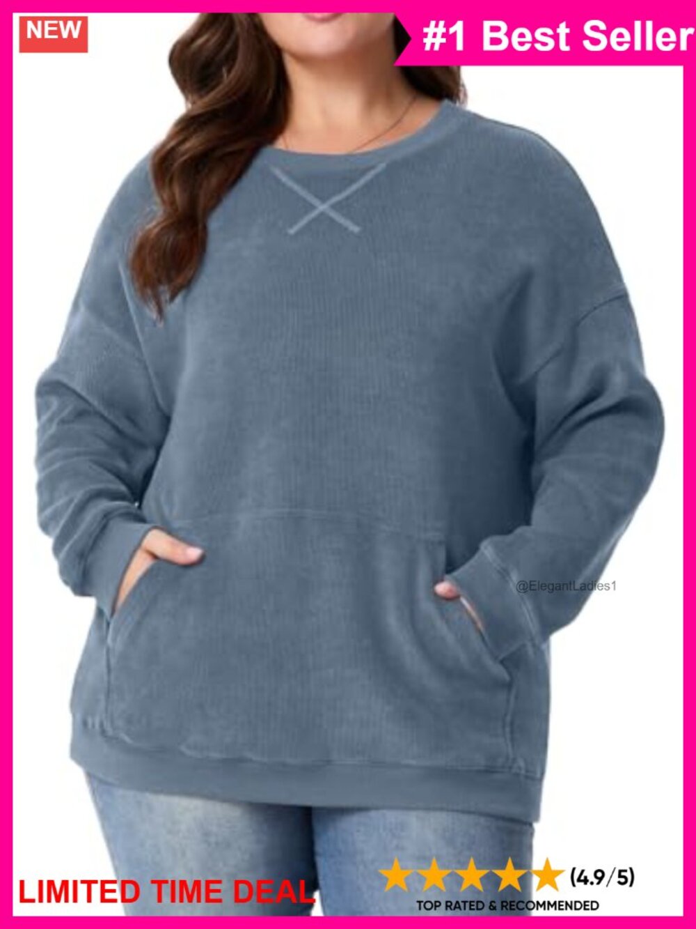 Plus Size Oversized Crew Neck Sweatshirt Tunic Kangaroo Pocket
